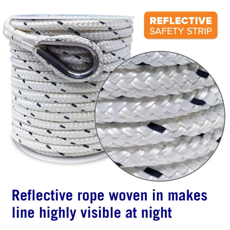 Better Boat Premium Anchor Rope, 100 Ft Double Braided White Nylon Marine Line, Reflective 3/8 Inch Reel for Anchors and Boats - White - Image 2